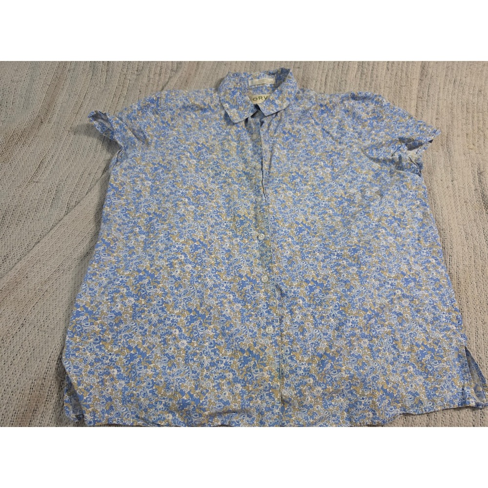 Orvis Women Blue Floral Wrinkle Free Cotton Short Sleeve Button Down Shirt 16